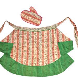Vintage Homemade Kitchen Apron Oven Mitt Set Pink Green Floral